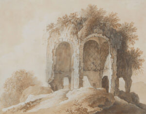 Bewachsene Tempelruine: Das Nymphäum des Tempels der Minerva Medica auf einem Hügel.