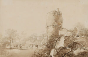 Burgruine an einem flachen, baumbestandenen Gewässer,