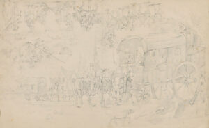 Vollbesetzte mehrspannige Pferdewagen, Figurengruppe mit Fisch im Netz und weitere Figurenszenen,