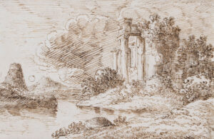 Italienische Flusslandschaft mit Tempelruine.