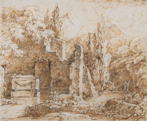 Heroische Landschaft mit Sarkophag vor antiken Ruinen.