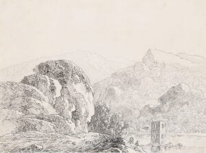 Isarlandschaft mit drei Rastenden am Ufer bei einer Turmruine.