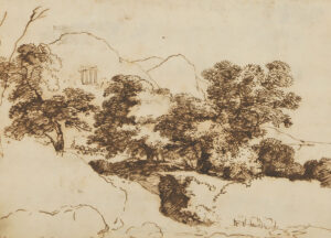 Südliche bergige Landschaft mit Rundtempel.