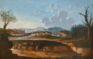 Schlacht mit Panduren bei einer an einem Gewässer gelegenen Stadt.