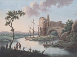 Landschaft mit Befestigung an der Flussbiegung.