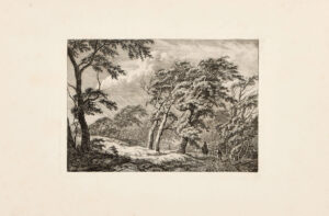 Landschaften mit Bäumen, Hütten und Herden.