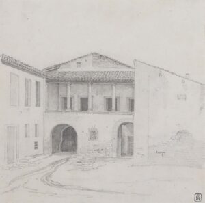 Italienisches Gebäude mit Säulengang im Obergeschoss.
