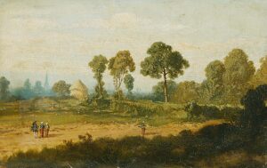 Landschaft mit Personengruppe, im Hintergrund ein Turm.