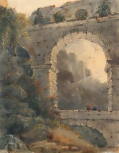 Landschaft mit einem Bogen des Pont du Gard am Ufer des Gardon.