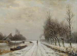 Winterlandschaft mit Boot im Kanal.