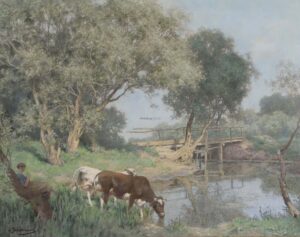 Hirtin mit zwei Kühe am Bach,