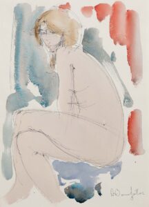 Fille nue assise, jambes croisées, de profil vers la gauche.
