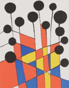 Composition in black, red, blue and yellow.