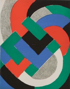 Composition bleu, vert, rouge, noir et gris.