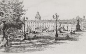 „Karlsruhe – Schloß -“ (Blick von der Ferne) – „Karlsruhe – Schloß -“ (Blick auf das Schloß mit Baumallee und dem Denkmal des Großherzogs Karl Friedrich von Baden) – „Karlsruhe – Marktplatz -“.