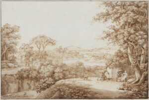 Flusslandschaft mit rastender Hirtenfamilie in der Nähe von Rom.