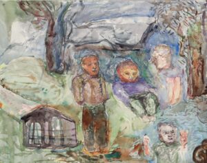 Baumbestande Landschaft mit Figuren an einem Gewässer,