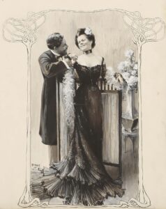 Elegantes, miteinander flirtendes Paar in Abendrobe.