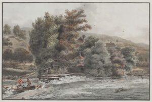 Schweizer Flusslandschaft mit über ein kleines Wehr fahrendem Boot.