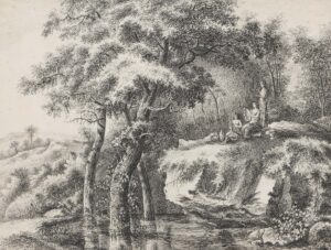 Bukolische Szene mit musizierendem Trio auf einem Fels am Wasser im Wald.
