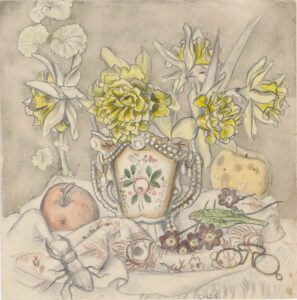 Stilleben mit Blumenpokal, Äpfeln und Hirschkäfer.