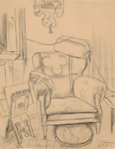 Herrschaftliches Interieur mit Ohrensessel und Zeitungsständer.