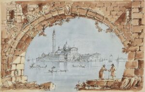 Blick durch einen großen Steinbogen auf die Insel und Kirche San Giorgio Maggiore.