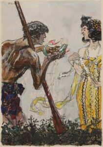 „Der Fang“ (Halbnackter Fischer präsentiert angewiderter, vornehmer Dame einen Fisch) -“Streichende Gänse“ (Damenmalatelier mit schlafendem Modell) – Kräftige Dame in Ballkleid mit ungelenkem Galan.