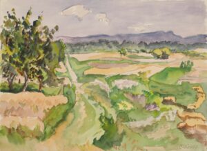 Bewölkte Landschaft mit Bäumen – Landschaft mit Feldern.