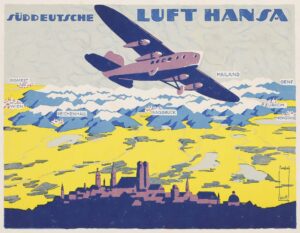 Plakate für Süddeutsche Lufthansa, Internationale Motorrad-Sport-Ausstellung Stuttgart 1924 und Primosa-Koffer – König Wilhelm II. von Würtemberg zu Pferde.