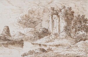 Italienische Flusslandschaft mit Tempelruine.