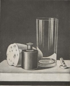 Stilleben mit Glas, Brot, Gewicht und Zigarettenkippe.