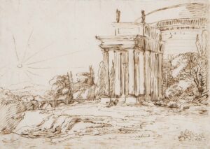 Arkadische Landschaft mit Tempel.