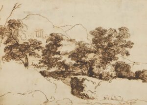 Südliche bergige Landschaft mit Rundtempel.
