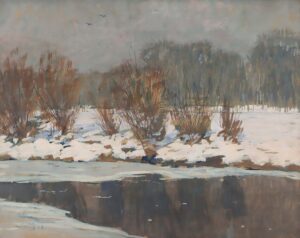 Winterlandschaft mit Weidenbüschen am Ufer.