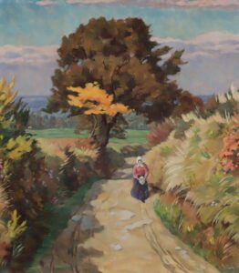 Sommerliche Landschaft mit Bäuerin auf einem Weg.