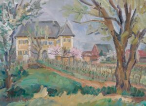 Pfälzer Landschaft mit Villa im Frühling.