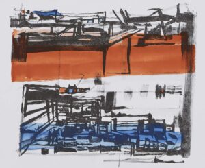 Composition en noir, rouge-brun et bleu.