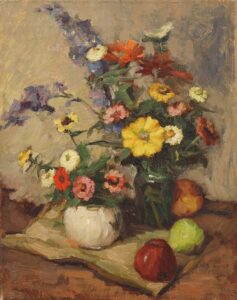 Stilleben mit Blumensträußen und Obst.