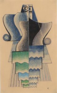 Figurine in Schwarz, Blau und Grün.