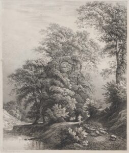 Baumbestandene Flußlandschaft mit Schäfer und Herde.