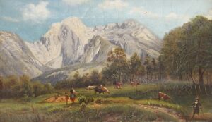 Gebirgslandschaft mit Hirten und Herde auf einer Wiese.